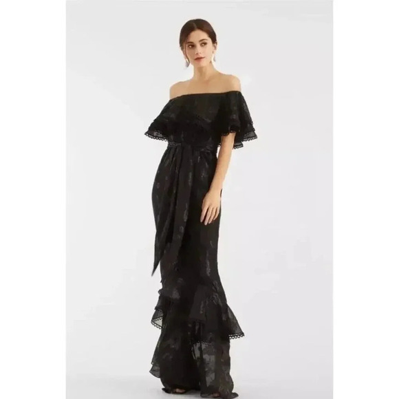 NWT $990 Sachin & Babi Lilith Black Floral Off The Shoulder Ruffle Gown …